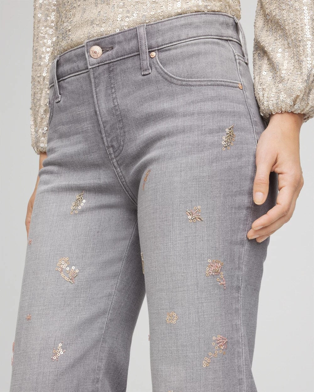 Chico's Clothing Rose Gold Embellished Girlfriend Flared Jeans
